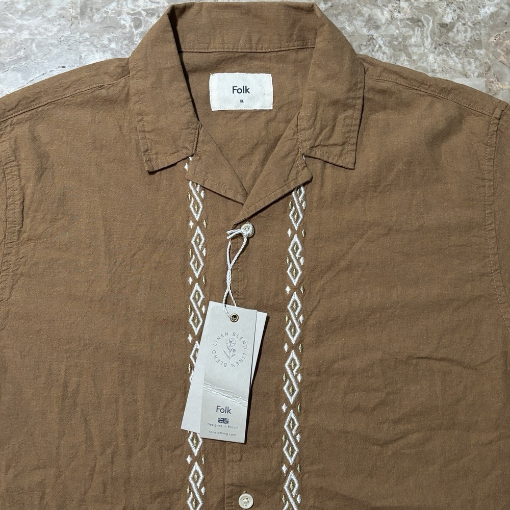 Folk Clothing Shirt Mens XL Brown Linen Blend Short Sleeve Button Maze NEW